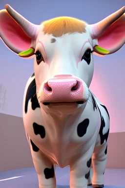 Portrait of A cute cow dressed in a onezy pajama outfit. The onezy has pink polka dots on and is thick and cozy. She has a flower in her hair. 3d