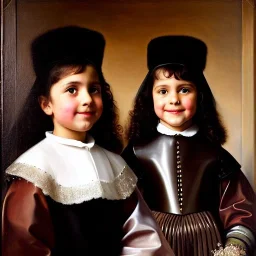 portrait of sisters Eira Santiago Arnau(ten year old, dark blonde) and Dalia Santiago Arnau (six year old, brunette) by Velazquez,smiling, oil on canvas, cinematic composition, extreme detail,8k,fit full head inside picture,