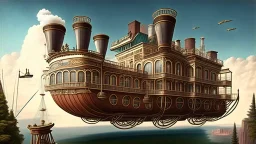 large wooden Victorian pleasure steamboat flying above a city, balconies, verandas