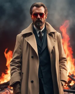 a man who looks like hans gruber wearing a trench coat and red sunglasses staring with an irritated look on his face standing in front of a fire