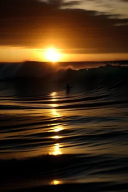 wellen von knapp über Wasser gefilmt mit Sonnenuntergang und surfer im hintergrund