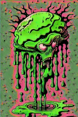 Vintage illustration of a slimey green brain melting, cartoonist animation style, hand drawn, neon lighting, gross art, pop punk, 90s anime inspired, airbrushing, post modern, horror cut, gradient chrome abberations, retro weird drawings, alien brain matter, blood spatter , scifi punk