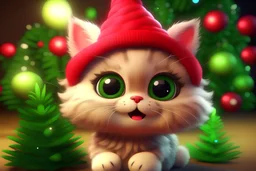 a cute cute little bug-eyed Santa kitten kawaii smiley and Christmas tree with colorful trimmings, star on top of tree, gifts, toys. high resolution, 64k, detail rendering, high quality, fantasy, soft warm lighting, fluffy eyelashes, macro photography, 3D rendering, hyperrealism, hyperesthetic, sharpen, CGI