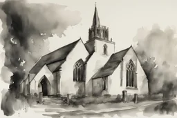 Portrait of an English church in black and white wet watercolour