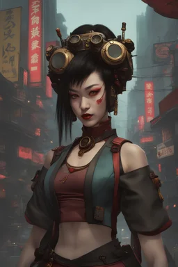 a geisha in a steampunk city like cyberpunk 2077