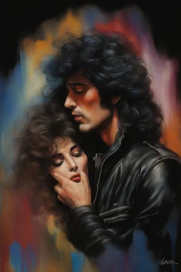 oil painting, text "KISS" - facial portrait with makeup - 20-year-old Dean Martin with long, wavy curly black 1980's style big hair, wearing a black leather jacket, extremely colorful, multicolored watercolor stained wall in the background - in the art style of Boris Vallejo, Frank Frazetta, Julie bell, Caravaggio, Rembrandt, Michelangelo, Picasso, Gilbert Stuart, Gerald Brom, Thomas Kinkade, Neal Adams - explosions, flames, fog, clouds, dust,