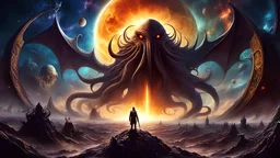 art inspired by the novels of H p lovecraft, Ancient space horror , Cthulhu eldritch horror consumes the sun, thousands of the last fighters and star ships of humanity attempt to stop it , high definition , 8k , space , milky way background partially obscured, mind flayer, illithid , demons from the abyss , deep space , solar battle , end of times , Ragnarok