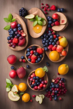 Set of summer fruits and berries in wooden serving.