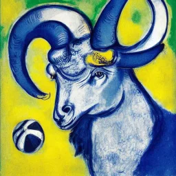 Marc Chagall style illustration of blue and yellow Bighorn Ram holding a football