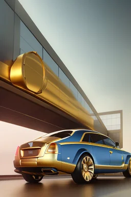 Futuristic Armored Gold And Blue Rolls Royce, Photorealistic, Realistic light, 8K