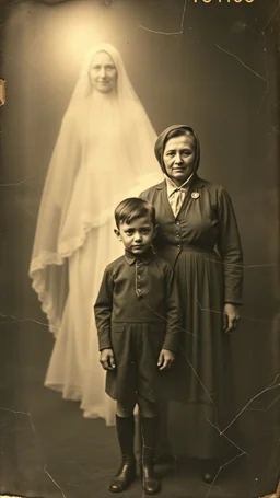 An old picture style of black and white mono very bad quality looks very old camera picture with cracks a 10!years old boy standing with his mom behind them a mysterious light looks like an old woman smiling ghost very dim figure , year 1900