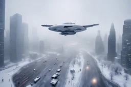 spaceship flying low over a snow-covered city