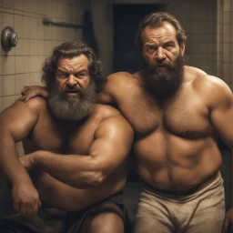 two ugly angry muscular chubby arabs 40 years old similar to bud spencer, very detailed, full figure shot, very realistic photography, dim light, view from below, tiled restroom, tattoo, masculine bearded, mature barely burly bearded muscled and robust, photorealistic