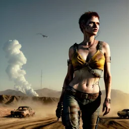 Ultra realistic mad max image, party, people background. Danger sweet woman, waist up view. Steampunk style, epic, yellow smoke fog, hottest, highly detailed, concept art, unreal engine 5, god rays, ray tracing, RTX, lumen lighting, ultra detail, volumetric lighting, 3d, finely drawn, high definition, high resolution.