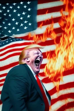 donald trump burns the american flag while maniacally laughing