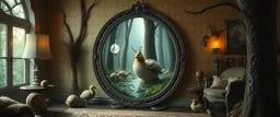 in the magical mirror forest we get a strange portrait of a living room, and you enter the strangest bubble doorway to weird dimension and the aura of its heavenly fluffy elevated messed up woodland duck snail and ad & d monster creatures flock painted by Nerdrum and Rembrandt