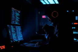 cypher punk silhouette mining code in a Tokyo lab