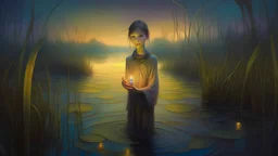 surreal and dreamlike, Ah Puch, portrayed with a haunting expression, standing amidst dark waters in an eerie marshland at dusk, with fireflies illuminating the surroundings., pastel, soft tones, golden hour glow, saturated, pastel, dreamy atmosphere, liquid psychedelic