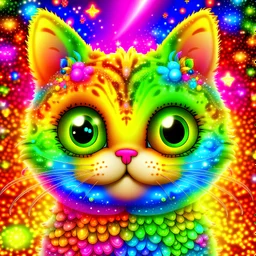 Lisa frank inspired cute kitten with planet-like big eyeballs that are taking up more than half its face and lots of glitter and sparkles and super happy with a big smile with rainbows and sparkles fat and fluffy body small body big head