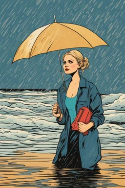 Pop-art style. 23-year-old woman with blonde hair and bright blue eyes stands in the sea, se has a bun.. She holds an umbrella, but it offers no protection from the pouring rain. The rain pours through the umbrella, it is leaking and makes staines. The rain under the umbrella is heavy paint petrol blue, the rain transforms through the umbrella. She is painted blue because of the blue rain drops. The rain is pouring heavily. She is standing in the middle of the sea. the raindrops are paint