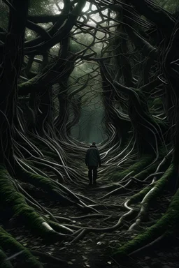 A solitary figure navigating through a dense forest of twisted trees, symbolizing the journey through inner struggles.