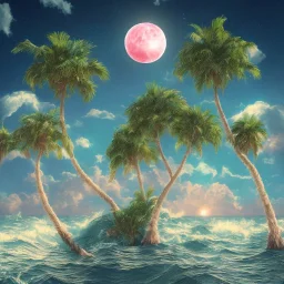 1980's vaporwave aesthetic palm trees with lightning with lunar eclipse in the ocean waves sunset