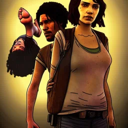 Clementine from the walking dead telltale she puts her bare foot on a guy's head, she looks superior, the art looks like the game