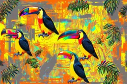 ink and paint of holo sizzle, arafed nonsense contradicting toucans in liminal space, double negative vibe, unnerving vibe, whimisical influence, grotesque vibe, ink and tint leak, minimal, brutalist, Aztec, drab and gray and orange and yellow