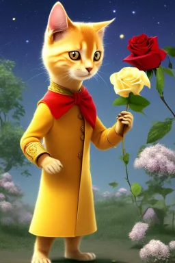 Der kleine Prinz als Katze mit Rose in der Pfote