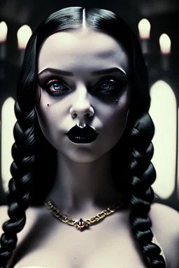 mdjrny-v4 style, wednesday addams in sexy lingerie, horror film by tim burton, dark and moody atmosphere, cinematic lighting, Hyperrealism, 8k uhd, bokeh, god rays