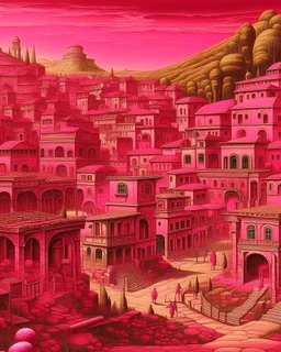 A magenta Roman town with an observatory designed in Kuna Molas painted by Albrecht Durer