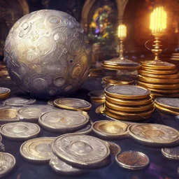 dynamic lighting, Intricately detailed, Splash screen art, deep color, Unreal Engine, volumetric lighting, silver coins, gold coins, silver treasure, stacked coins, indoors, altar, black table, sigil, shiny, garden, courtyard,