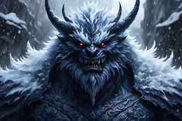 Demonic snow monster in 8k solo leveling shadow artstyle, machine them, close picture, rain, intricate details, highly detailed, high details, detailed portrait, masterpiece,ultra detailed, ultra quality