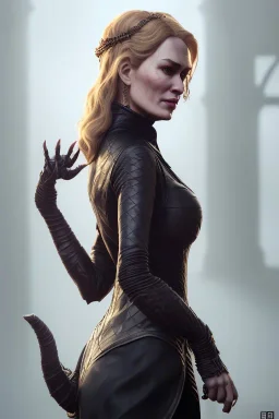 Cersei Lannister as evil queen in black leather, busty, cleavage, curvy, lena headay, angry, stern look. character design by cory loftis, fenghua zhong, ryohei hase, ismail inceoglu and ruan jia. unreal engine 5, artistic lighting, highly detailed, photorealistic, fantasy