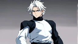 Satoru Gojo is a young guy white hair blue eyes black turtleneck without arms white loose pants in a defensive pose