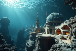 futuristic builded world under the deep sea, curved walls, special buildings, made, coral, concrete-like material, stone, onyx and glass, impressive, alien and special structures, buildings left behind from a lost world