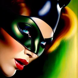 portrait oil on canvas, beautiful busty Catwoman,green eyes, ,minimal armor,comic book cover, mystical colors,insanely detailed,realistic,intrincate detail, 16k resolution, masterpiece,Frank Frazetta,Alex Horley, Simon Bisley