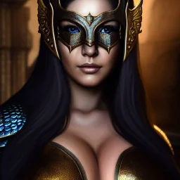 ultra detailed fullbody Portrait in oil on canvas of a beautiful busty woman with Skyrim Dragon priest mask and armor,extremely detailed digital painting, extremely detailed face,crystal clear Big eyes, mystical colors ,perfectly centered image, perfect composition,rim light, beautiful lighting, 8k, stunning scene,extremely sharp detail, finely tuned detail, ultra high definition raytracing, in the style of robert e howard and pablo oliveira and Ken Kelley and Ohrai Noriyoshi and Simon Bisley