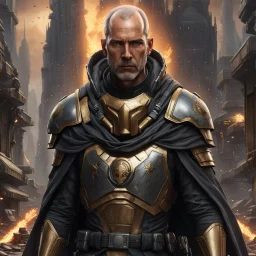 star wars bald male corellian pilot wearing pearlescent black and gunmetal grey First Order special forces heavy assault armor and helmet with gold trim inside the jedi temple, centered portrait, hyperdetailed, dynamic lighting, hyperdetailed background, 8k resolution, volumetric lighting, light skin, fully symmetric details