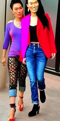 baggy jeans. Fashion colors 2023. Scarlett Johanssen and Asa Akira, shimmer. Blocks of fashion colors in the background of the image. Cool fashion outfit for the year 2023