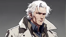 mid 40 white man, wearing trench coat, white hair , anime