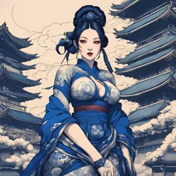 beautiful cyberpunk huge girl, hyperdetailed, illustration by Katsushika Hokusai, darkblue tones,