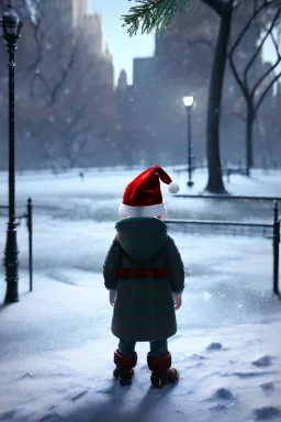 kid from back in Central Park abandoned sad tired on christmas night with christmas decoration, snow, wet