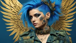 beautiful Punk woman Angel 30 years old, military clothing, mystical, bright colors, creative hairstyle, tattoo, piercing, photorealistic image, military, camouflage clothing, gold, blue, fine rendering, high detail, 8K