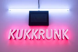 A simple neon sign labeled "KUKRUNK" white background and bold 80s font