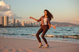 beautiful lady with makeup in pants and pretty shirt curvy long hair sport shoes dancing in sea side over soft sands ,modern city escape at dintant ,pretty clouds, golden hour