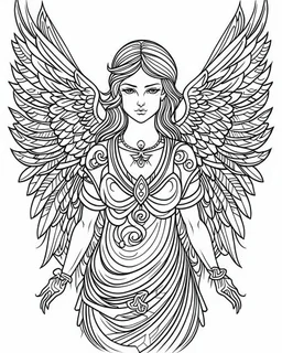 majestatic angel tattoo idea, line art, background, vector, svg, coloring book page style, black outline on white background, leave plenty of white space beetween lines for coloring, minimalist, tattoo style, tattoo idea