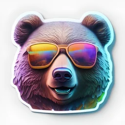 sticker on white background, 3d Head of a Bear with sunglasses, psychedelic, octane render, unreal engine 5, DMT art, funny, smiling