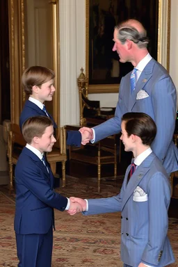 The Prince of Wales in traditional dress shakes hands with a young guest dressed in a blue suit, drawing room of St James's Palace, during a reception