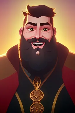 Bearded strong man wearing a thick fur-lined merchant's coat, wearing gold rings, divine, halo, happy smiling, portrait